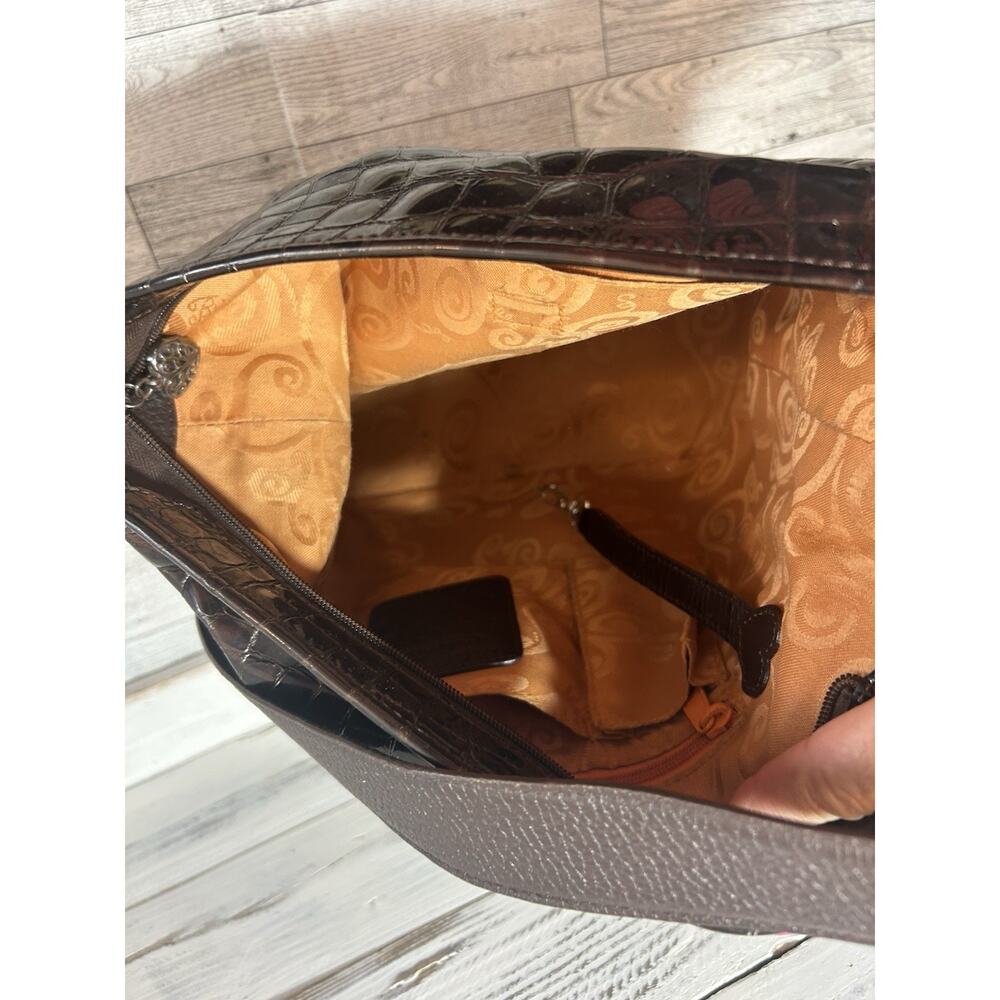 BRIGHTON Cher Handbag Bronze Brown Croc Patent Leather Shoulder Bag Orange Lined - Picture 9 of 10